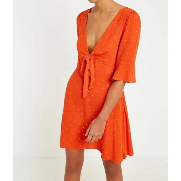 Free People Dresses & Skirts - Free People All Yours Orange Polka Dot Tie V Neck Mini Dress Size 0 A Line